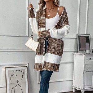 Multicolor Casual Womens Chevron Drop Shoulder Pocket Patched Duster Cardigan